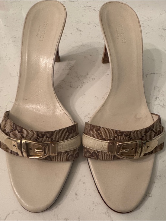 Gucci Shoes - Gucci Beige Monogram Mule Sandals with Gold Buckle Accent 8 1/2